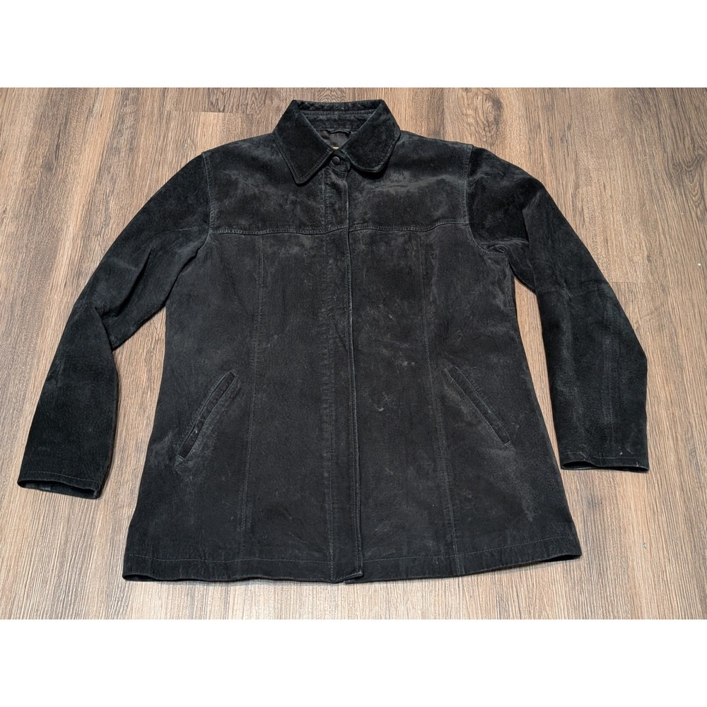 A.M.I. Leather Suede Jacket Button Down Coat Black Size M Medium‎ Womens